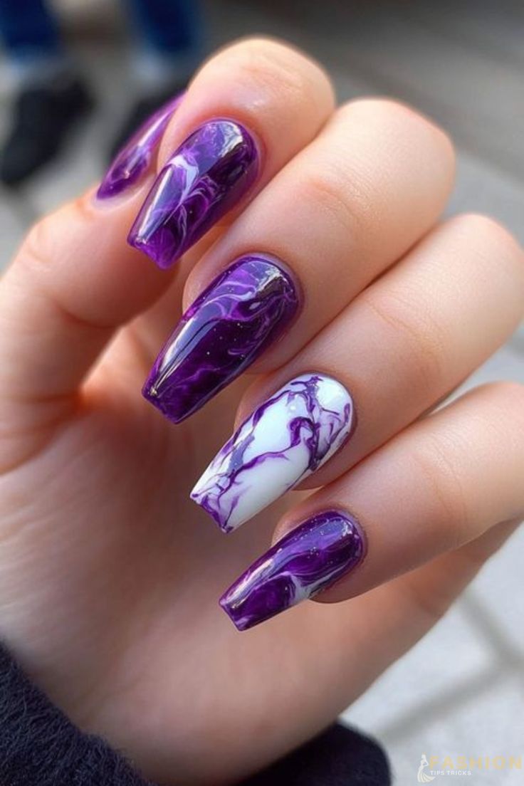 Simple Marble Nail Designs - Purple Swirl Marble Elegance